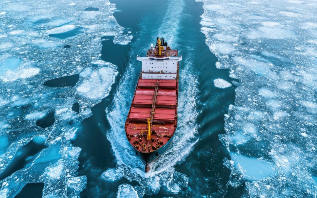 Red Icebreaker Ship Breaking Through Frozen Arctic Ocean